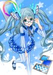  1girl adjusting_glasses ameisensou blue-framed_eyewear blue_dress blue_eyes dress glasses hair_ornament highres long_hair looking_at_viewer open_mouth pixiv pixiv-tan silver_hair solo striped striped_legwear twintails 