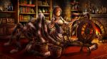  1girl basket book bookshelf bottle brick_wall brown_hair candle candlestand carpet closed_eyes dragon&#039;s_crown dress fantasy fire fireplace game_cg goblet highres holding indoors insect_girl murakami_akira official_art plate silk solo spider_girl spinning_wheel treasure_chest wood 