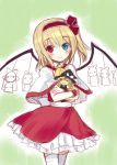  1girl alice_margatroid ascot blonde_hair blue_eyes blush bow capelet character_doll cowboy_shot doll_hug dress flandre_scarlet flandre_scarlet_(cosplay) hair_bow hairband heterochromia kirisame_marisa lolita_hairband looking_at_viewer minamura_haruki pointy_ears red_bow red_dress red_eyes sash side_ponytail smile solo thigh-highs touhou white_legwear wings 