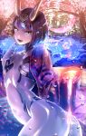  1girl ass bob_cut cherry_blossoms eyeliner fang fate/grand_order fate_(series) highres horns japanese_clothes kimono kurumiya_hato makeup midriff navel off_shoulder oni petals sakazuki short_hair shuten_douji_(fate/grand_order) solo 