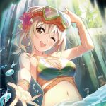  bikini blonde_hair brown_eyes cave forest goggles gyaru love_live! love_live!_nijigasaki_high_school_idol_club lowres mexico nature official_art outstretched_arm partially_submerged snorkel swimsuit 