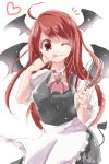  1girl ;q ahoge alternate_costume apron artist_name ascot bat_wings breasts collared_shirt colored_eyelashes commentary_request contrapposto cowboy_shot demon_tail dress_shirt enmaided eyelashes finger_to_mouth head_wings heart koakuma long_hair looking_at_viewer maid o-k-u one_eye_closed pinky_out red_eyes redhead shirt short_sleeves simple_background skirt skirt_set smile solo tail tongue tongue_out touhou very_long_hair vest waist_apron whisk white_background white_shirt wings 