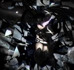  1girl armor belt black_hair black_rock_shooter black_shorts checkered checkered_floor from_above glass_shards glowing glowing_eye hair_between_eyes highres insane_black_rock_shooter kinoshita_ringo_(kagamine-ren02) long_hair looking_at_viewer open_mouth short_shorts shorts solo star twintails very_long_hair violet_eyes 