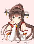  1girl bare_shoulders brown_eyes brown_hair cherry_blossoms chin_rest dated detached_sleeves flower hair_flower hair_ornament headgear highres kantai_collection long_hair looking_at_viewer ponytail smile solo very_long_hair yamato_(kantai_collection) zhudacaimiao 