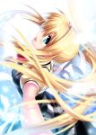  1girl air blonde_hair blue_eyes blush feathers from_behind head_tilt highres kamio_misuzu long_hair looking_back open_mouth outstretched_arms ponytail school_uniform smile spread_arms wings zen 