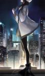  1girl boots building cityscape from_side hand_on_own_chest long_hair long_sleeves looking_up luen_kulo night signature solo 