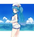  1girl :o anchor_hair_ornament artist_request ass bare_shoulders beret blue_eyes blue_hair crop_top cure_princess eyebrows eyebrows_visible_through_hair hair_ornament happinesscharge_precure! hat kurokawa_makoto long_hair looking_at_viewer looking_back ocean precure sailor_collar shirayuki_hime short_shorts shorts solo twintails 