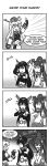  3girls 4koma :d admiral_paru comic commentary detached_sleeves elbow_gloves english gloom_(expression) gloves hand_up headgear highres iowa_(kantai_collection) kantai_collection long_hair monochrome multiple_girls nagato_(kantai_collection) navel open_mouth pleated_skirt ponytail skirt smile v_arms yamato_(kantai_collection) younger 