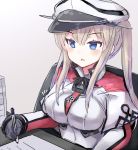  1girl black_gloves blonde_hair blue_eyes breasts commentary_request eyebrows eyebrows_visible_through_hair gloves graf_zeppelin_(kantai_collection) hair_between_eyes hat iron_cross kantai_collection large_breasts long_hair military military_hat military_uniform paper peaked_cap pen uniform xenonstriker 