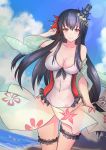  1girl alternate_costume antiqq arm_at_side bare_shoulders beach bikini black_hair breasts cleavage clouds cloudy_sky covered_navel floral_print flower frilled_bikini frills fusou_(kantai_collection) hair_flaps hair_flower hair_ornament highres kantai_collection large_breasts light_smile long_hair looking_at_viewer ocean one-piece_swimsuit outdoors red_eyes sarong sky swimsuit thigh_strap white_swimsuit 