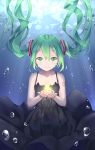  1girl black_dress bubble dress floating_hair green_eyes green_hair hatsune_miku highres ji_dao_ji light_smile long_hair looking_at_viewer shinkai_shoujo_(vocaloid) solo submerged twintails underwear vocaloid 