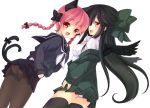  2girls :d alternate_costume animal_ears ass bird_wings black_bow black_hair black_legwear black_serafuku black_skirt black_wings blazer blush bow braid cat_ears cat_tail contemporary cowboy_shot extra_ears fang feathered_wings green_bow green_skirt hair_bow jacket kaenbyou_rin leaning_forward long_hair long_sleeves looking_at_viewer minamura_haruki miniskirt multiple_girls multiple_tails neckerchief nekomata off_shoulder open_mouth panties panties_under_pantyhose pantyhose pantyshot pantyshot_(standing) plaid plaid_skirt pleated_skirt pointy_ears profile red_eyes redhead reiuji_utsuho school_uniform serafuku shirt skirt smile standing tail tail_bow thigh-highs touhou twin_braids underwear upskirt white_panties white_shirt wings 