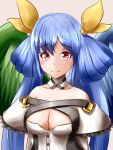  1girl asymmetrical_wings bare_shoulders blue_hair blush breasts cleavage dizzy eyebrows eyebrows_visible_through_hair guilty_gear guilty_gear_xrd hair_ribbon kyabe_tsuka large_breasts long_hair looking_at_viewer red_eyes ribbon smile solo twintails wings yellow_ribbon 
