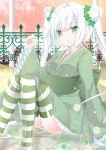  1girl :o arm_at_side bangs clover_hair_ornament double_bun flower_knight_girl frilled_sleeves frills full_body green_eyes hair_ornament hand_up horizontal_stripes ironwork japanese_clothes kimono knees_together_feet_apart knees_up leaf long_hair long_sleeves looking_at_viewer nakamura_beta obi sash shiny shirotsumekusa_(flower_knight_girl) sitting solo striped striped_legwear thigh-highs thighs twintails white_hair 