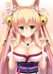  1girl animal_ears arm_garter bare_shoulders bell blonde_hair blush breasts cleavage collarbone fox_ears fox_girl fox_shadow_puppet green_eyes hair_bell hair_ornament hair_ribbon highres japanese_clothes jewelry jingle_bell large_breasts long_hair looking_at_viewer magatama medium_breasts necklace obi original red_ribbon ribbon sash smile solo translated two_side_up upper_body wide_sleeves yuzu_modoki 