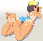  1girl ass barefoot baseball_cap bikini black_hair brown_eyes feet flat_chest grin hat looking_back lying om_(nk2007) on_stomach short_hair smile soles solo swimsuit tan tanline toes yamaguchi_mika youkai_watch 