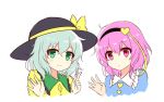  2girls black_hat blush bow frilled_shirt_collar frills green_eyes hairband hat hat_bow hat_ribbon heart komeiji_koishi komeiji_satori long_sleeves looking_at_viewer multiple_girls pink_eyes pink_hair ribbon short_hair siblings silver_hair sisters smile touhou upper_body yada_(xxxadaman) yellow_bow yellow_ribbon 