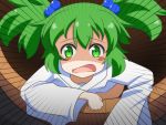  1girl cato_(monocatienus) emphasis_lines green_eyes green_hair hair_bobbles hair_ornament japanese_clothes kisume open_mouth solo tears touhou twintails 