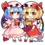  2girls ascot bat_wings blonde_hair blue_hair blush bow brooch chibi crystal fang flandre_scarlet frilled_shirt_collar frills full_body hand_holding hat hat_bow hat_ribbon interlocked_fingers jewelry looking_at_viewer mob_cap multiple_girls puffy_short_sleeves puffy_sleeves red_bow red_eyes red_ribbon remilia_scarlet ribbon ruhika short_hair short_sleeves siblings side_ponytail sisters skirt skirt_set touhou twitter_username white_background wings 