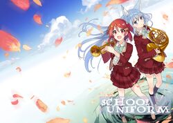  2girls :d animal_ears blue_eyes blue_hair bow clouds fox_ears french_horn hair_ornament hairclip instrument kneehighs long_hair looking_at_viewer multiple_girls okutomi_fumi open_mouth original petals pleated_skirt red_eyes redhead ripples school_uniform short_hair skirt smile trumpet very_long_hair water 