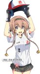  1girl baseball_helmet baseball_uniform blue_eyes blush braid brown_hair fujii_jun gloves hairband helmet kantai_collection long_hair looking_at_viewer miniskirt open_mouth skirt smile solo sportswear teruzuki_(kantai_collection) twin_braids 