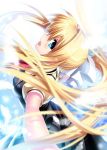  1girl air blonde_hair blue_eyes feathers from_behind kamio_misuzu long_hair open_mouth outstretched_arms ponytail school_uniform spread_arms wings zen 