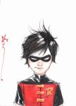  1boy artist_signature batman_(series) black_hair dc_comics domino_mask dustin_nguyen male_focus mask robin_(dc) simple_background solo tim_drake 