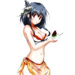  1girl :o adosan angry bikini black_hair blush bowl breasts cleavage hair_ornament kantai_collection large_breasts looking_at_viewer midriff navel red_eyes sarong shaved_ice short_hair side-tie_bikini simple_background solo spoon swimsuit white_background yamashiro_(kantai_collection) 