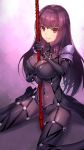  1girl between_breasts bodysuit breasts covered_navel fate/grand_order fate_(series) gae_bolg highres large_breasts legs long_hair looking_at_viewer pauldrons polearm purple_hair red_eyes scathach_(fate/grand_order) sexually_suggestive shouhei sitting smile solo spear thighs weapon 