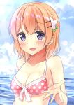  1girl :d bikini blush breasts cleavage clouds collarbone flower front-tie_bikini front-tie_top gochuumon_wa_usagi_desu_ka? hair_flower hair_ornament hairclip horizon hoto_cocoa karutamo looking_at_viewer medium_breasts open_hand open_mouth orange_hair polka_dot polka_dot_bikini sky smile solo swimsuit upper_body violet_eyes water wet 