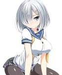 1girl arched_back black_legwear blue_eyes breasts buttons grey_skirt hair_ornament hair_over_one_eye hairclip hamakaze_(kantai_collection) kantai_collection large_breasts leaning_forward miniskirt pantyhose pleated_skirt school_uniform serafuku short_hair silver_hair simple_background skirt solo watarui white_background 