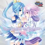  2girls album_cover blue_eyes blue_hair bow breasts choujigen_game_neptune copyright_name cover d-pad detached_sleeves hair_bow hair_ornament hands_clasped highres interlocked_fingers long_hair looking_at_viewer medium_breasts multiple_girls neptune_(choujigen_game_neptune) neptune_(series) official_art ponytail purple_hair ribbon sega_hard_girls sega_hatsumi short_hair smile tsunako violet_eyes yuri 