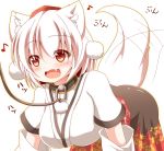  1girl all_fours animal_ears blush breasts collar detached_sleeves fang hajime_(ak-r) hat inubashiri_momiji large_breasts leash long_skirt musical_note open_mouth pom_pom_(clothes) red_eyes short_hair silver_hair skirt solo tail tail_wagging tokin_hat touhou wolf_ears wolf_tail 