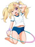  1girl aquarion_logos barefoot blonde_hair buruma child daiou fang feet gym_uniform innertube looking_at_viewer navel one_eye_closed shiny shiny_hair shiny_skin solo twintails uminagi_karan uniform wink 