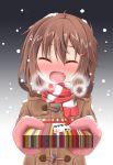  1girl ^_^ ahoge blush brown_hair closed_eyes fang gift hair_ornament hairclip heavy_breathing ikazuchi_(kantai_collection) jacket kantai_collection mittens open_mouth scarf short_hair smile snowing solo striped striped_scarf tsunsuki_(naobe009) 