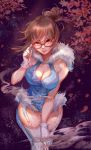  1girl adjusting_glasses bangs blue_dress breasts brown-framed_eyewear brown_eyes brown_hair cleavage cleavage_cutout cowboy_shot dress eyelashes floral_print fur-lined_gloves fur_collar fur_trim garter_straps glasses gloves hair_bun hand_on_glasses highres large_breasts lips mei_(overwatch) open_mouth overwatch parted_lips petals pink_lips short_dress short_hair showgirl_skirt sidelocks skirt sleeveless sleeveless_dress solo thigh-highs white_gloves white_legwear xilin 