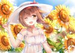  1girl ;d alternate_costume bare_shoulders brown_hair casual clouds cloudy_sky collarbone detached_sleeves dress eyebrows eyebrows_visible_through_hair field flower flower_field hairband hat kantai_collection large_hat light_particles looking_to_the_side low_twintails one_eye_closed open_mouth shiratsuyu_(kantai_collection) short_sleeves short_twintails sky smile solo sun_hat sunflower sunlight tailam twintails upper_body water_drop white_dress white_hat yellow_eyes 