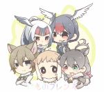  &gt;:) 5girls :/ :d animal_ears antlers bell bell_collar black_eyes black_hair black_swan_(kemono_friends) blonde_hair blue_eyes blush chibi coat collar copyright_name coyote_(kemono_friends) coyote_ears crossed_arms d: dot_nose embarrassed expressionless eyebrows eyebrows_visible_through_hair fur-trimmed_sleeves fur_collar fur_trim gradient_hair green_eyes green_ribbon grey_coat grey_hair hair_between_eyes hair_ornament head_wings heterochromia high_ponytail japanese_otter_(kemono_friends) japari_symbol jitome kemono_friends light_brown_hair long_hair long_sleeves looking_at_another looking_at_viewer looking_away low_twintails maora_oto multicolored_hair multiple_girls neck_ribbon open_mouth otter_ears outstretched_arm pink_eyes ponytail red_eyes red_ribbon redhead reindeer_(kemono_friends) reindeer_antlers reindeer_ears ribbon sailor_collar shirt short_hair sidelocks smile tareme twintails two-tone_hair vest wavy_mouth white-naped_crane_(kemono_friends) white_background white_hair white_shirt wings 