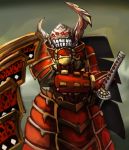  1boy armor artist_request extra_eyes horns japanese_armor katana male_focus monster overlord_(maruyama) shoulder_armor solo sword teeth warrior_takemikazuchi weapon 