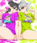  +_+ 2girls ;) aori_(splatoon) back-to-back black_hair bottomless breasts grey_hair grin hand_on_another&#039;s_hand hotaru_(splatoon) large_breasts long_hair looking_at_viewer mask mole mole_under_eye multiple_girls naked_shirt one_eye_closed parted_lips pointing pointing_at_viewer pointy_ears shirt short_hair sitting smile splatoon t-shirt taka-michi thighs yellow_eyes 