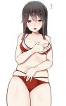  1girl absurdres akagi_(kantai_collection) bare_shoulders bikini blush breasts brown_eyes brown_hair collarbone embarrassed hair_between_eyes hand_on_breast highres kantai_collection long_hair medium_breasts mitsudoue open_mouth simple_background solo straight_hair swimsuit 