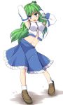 1girl blue_eyes breasts female full_body green_hair kochiya_sanae long_hair looking_at_viewer skirt solo tendo touhou