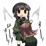  2girls black_hair braid brown_hair female_pervert head_under_clothes heavy_breathing hug kanikama kantai_collection kitakami_(kantai_collection) long_hair lowres multiple_girls ooi_(kantai_collection) open_mouth pervert school_uniform serafuku violet_eyes yuri 