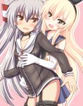  2girls amatsukaze_(kantai_collection) blonde_hair blue_skirt blush brown_eyes choker dress elbow_gloves garter_straps gloves hairband highres kantai_collection long_hair multiple_girls open_mouth pink_background sailor_dress school_uniform serafuku shimakaze_(kantai_collection) short_dress silver_hair simple_background skirt tamayan two_side_up wavy_mouth white_gloves yuri 