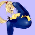  1girl artist_request blonde_hair blue_background blue_eyes blush crossover long_hair metroid pikachu pokemon ponytail samus_aran super_smash_bros. zero_suit 