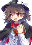  1girl :d black_hat blush book bow bowtie brown_eyes brown_hair buttons capelet dr.latency&#039;s_freak_report e.o. hat hat_bow highres holding holding_book long_sleeves looking_at_viewer open_mouth red_bow red_bowtie shirt short_hair smile solo touhou upper_body usami_renko white_bow white_shirt 