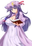  1girl :&lt; absurdres bangs belly blunt_bangs book breasts bursting_breasts cleavage cloak covered_navel crescent crescent_hair_ornament dress erect_nipples hair_ornament hat highres huge_breasts large_breasts long_hair looking_at_viewer low-tied_long_hair mob_cap mokkori9 patchouli_knowledge plump purple_hair solo standing tied_hair touhou very_long_hair violet_eyes wide_hips 