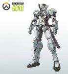  absurdres exaxuxer exia genji_(overwatch) gradient gradient_background gundam gundam_00 highres mecha mechanization no_humans overwatch solo white_background 