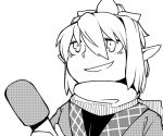  1girl greyscale hair_between_eyes holding_microphone looking_out_window microphone mizuhashi_parsee monochrome pointy_ears scarf simple_background smile smirk solo toriburi touhou troll_face 
