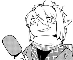  1girl greyscale hair_between_eyes holding_microphone looking_out_window microphone mizuhashi_parsee monochrome pointy_ears scarf simple_background smile smirk solo toriburi touhou troll_face 